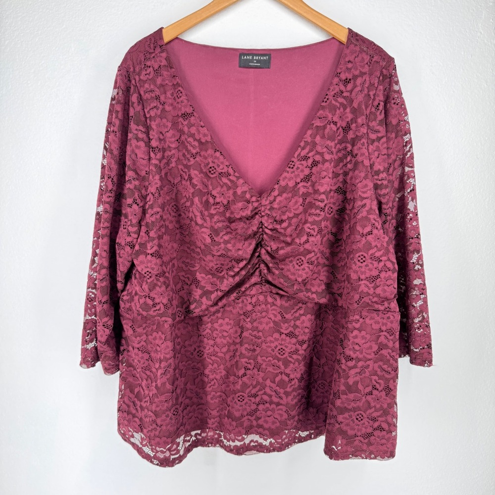 Lane Bryant Lace Babydoll Top Size 24 Burgundy Ruched Sheer Stretch Romantic